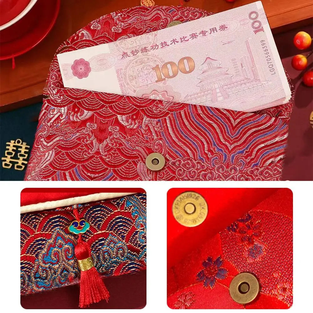 New Fabric Red Envelope Red Color Big Capacity Money Pocket Embroidery HongBao Spring Festival Oasis Select