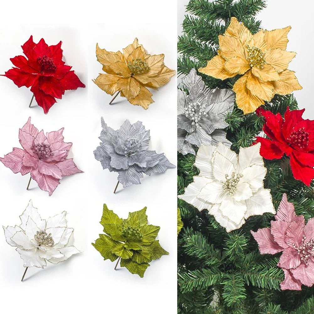 28cm Artificial Flower Simulation Christmas Poinsettia Fake Glitter Flower Hanging Xmas Tree Pendant Ornament Party Home Decor Oasis Select
