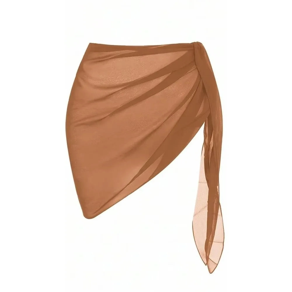 Sexy Solid Color Women Beach Skirt Short Sheer Swimming Skirt Strap Design Swimsuit Coverups Summer Vacation Oasis Select Khaki One Size