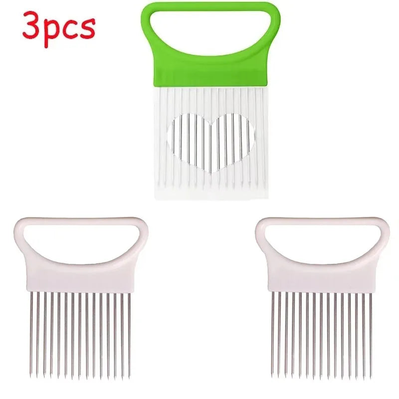 1-4pcs Stainless Steel Onion Holder Slicer Needle Fork Vegetable Fruit Slicer Tomato Cutting Holder Kitchen Tools Accessories Oasis Select mix-3pcs