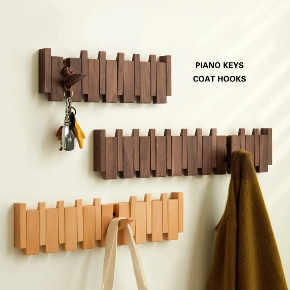 New Wall Mounted Wood Coat Racks with 8 Hooks Piano Key Shaped Entry Door Porch Hanging Hook Art Hats Organizer Keys Oasis Select