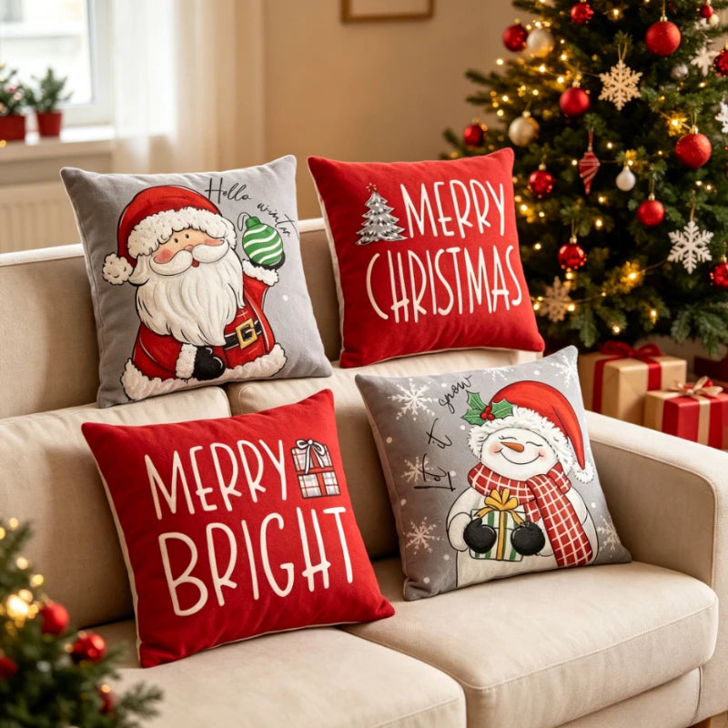 4-piece 2D flat printed Christmas pillowcase, gift for Santa Claus, red scarf snowman, and luxurious red gold Christmas tree Oasis Select pillowcase