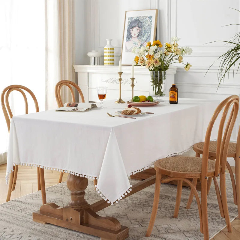 Modern Simple Solid Color Cotton Washed Cotton Red Green Christmas White Hairball Tea Table Cloth Home Textile Oasis Select 100X140CM C