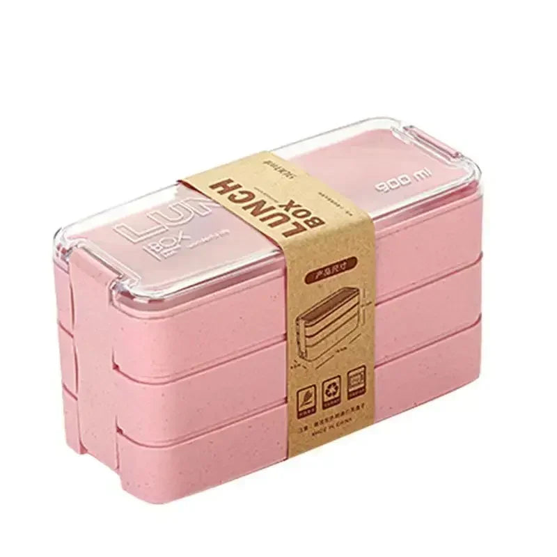 3 in 1 Wheat Straw Bento Box Reusable Portable Lunch Container Compartment Meal and Snack Food Storage Tableware Set Oasis Select Pink 3