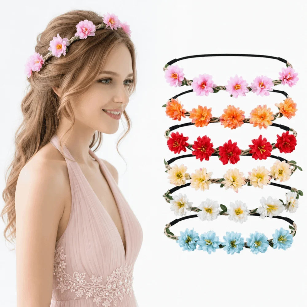 Pink Rose Floral Wreath Crown Hand Woven Adjustable Ribbon Bohemia Garland Headpiece Vintage Elegant Wedding Hair Accessories Oasis Select