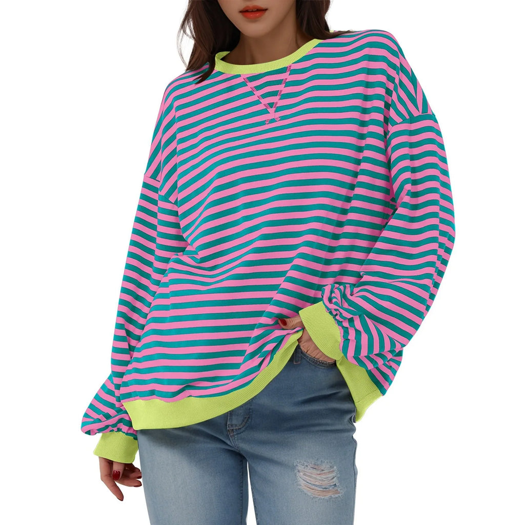Women's Oversized Striped Long Sleeve T-Shirt | Korean Style Long Sleeve T-Shirt Oasis Select Pink L