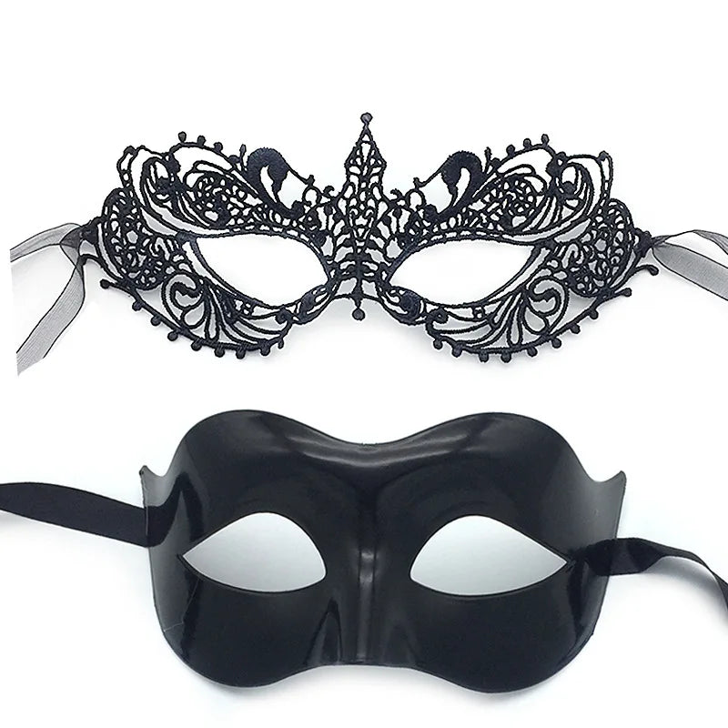 2pcs Elegant Black Lace Masquerade Mask Set for Couples Perfect for Venetian Party, Mardi Gras, and Halloween Celebrations Oasis Select Set D