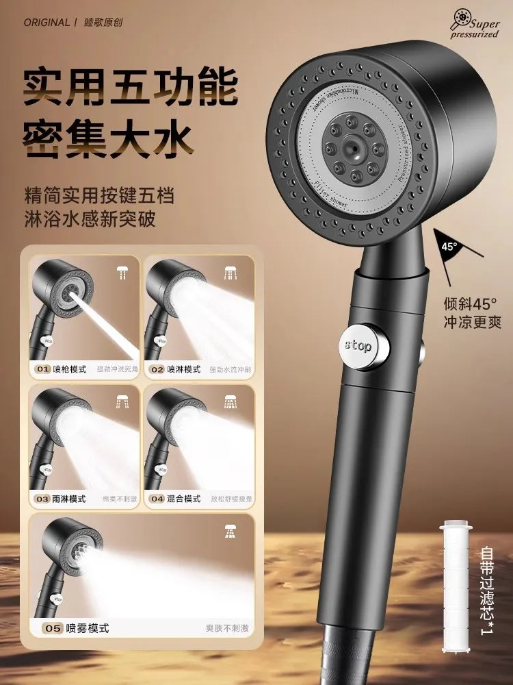 New Large Panel Black High Pressure Shower Head 6 Modes 9 IN 1 Spray with Filter Rain SPA Shower Faucet Bathroom Accessories Oasis Select Grey Shower