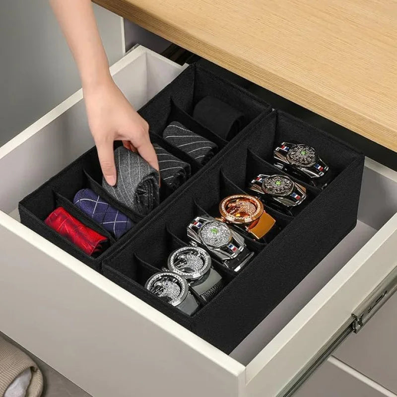 3-Pack Black Fabric Belt& Tie Organizer, Closet Organization Drawer Storage, Foldable Non-Woven Holder for Dresser Oasis Select
