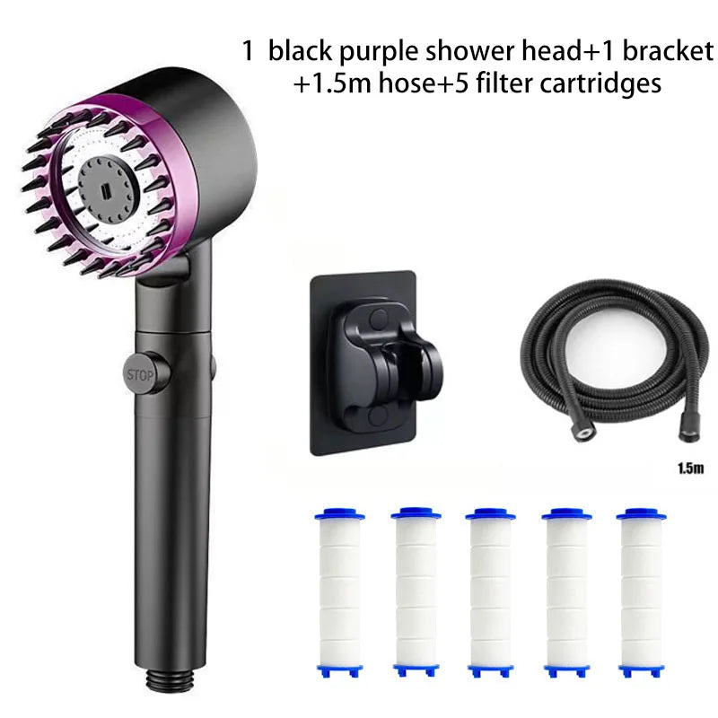Portable Shower Filter Three Modes of Water Output Showerhead Head Massage Bathroom Accessories One Click Water Stop Knobs Heads Oasis Select Purple suit E