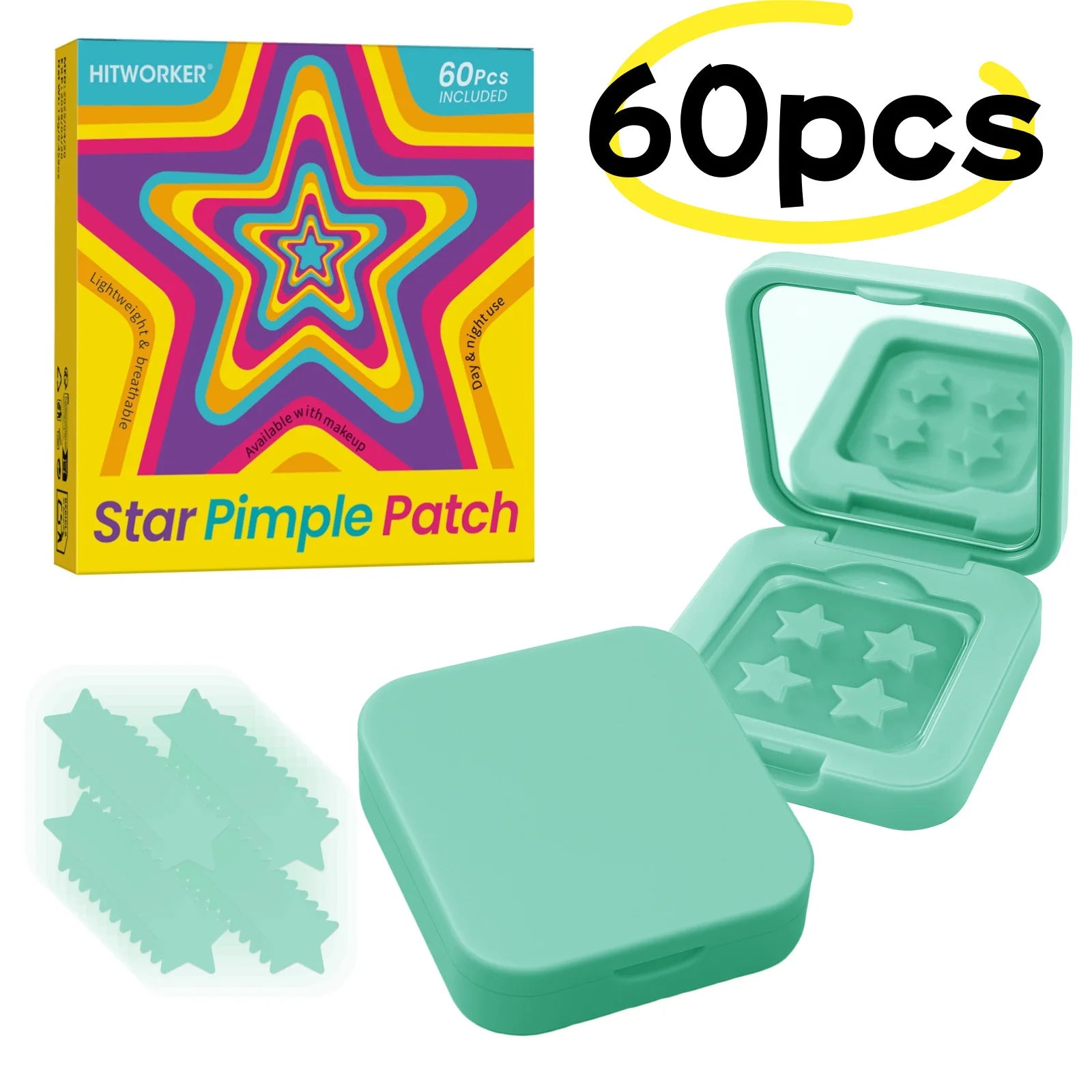 60 pieces/box of 4 color star shaped acne stickers - water-based gel acne cover stickers, facial patches with makeup mirror Oasis Select 60pcs 3