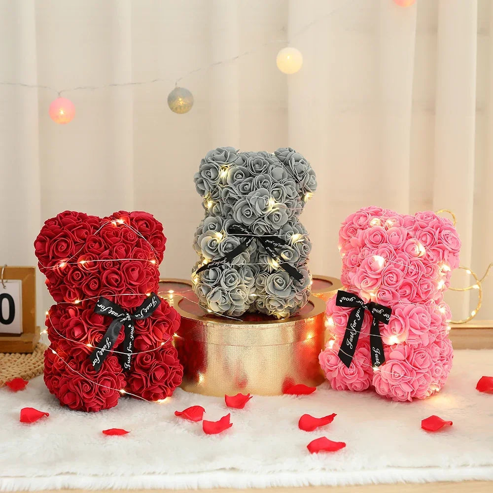 25cm Artificial Teddy Rose Flower Bear with Box Romantic Valentines Day Gift Girlfriend Anniversary Wedding Party Supplies Oasis Select