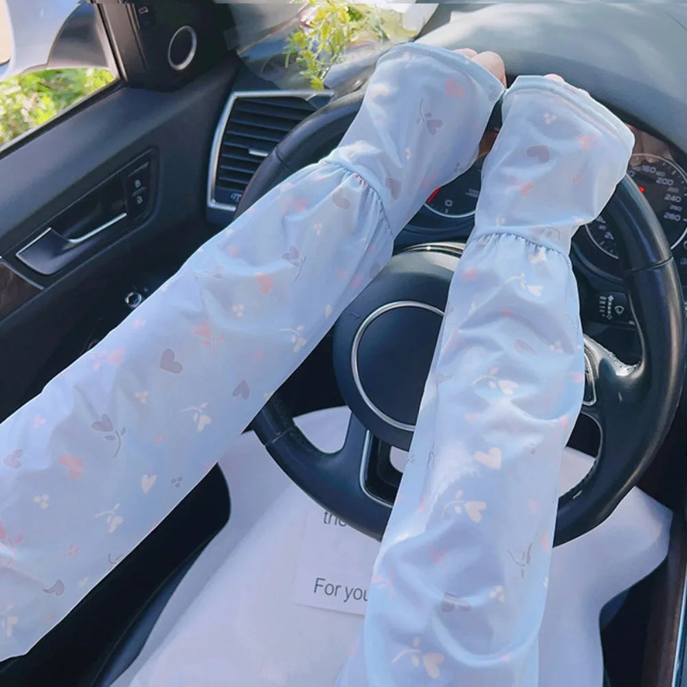 Breathable Ice Silk Sleeve Loose Fit Love Flower Print Sun Protection Sleeves Cooling Material UV Protection Sleeves Cycling Oasis Select Blue