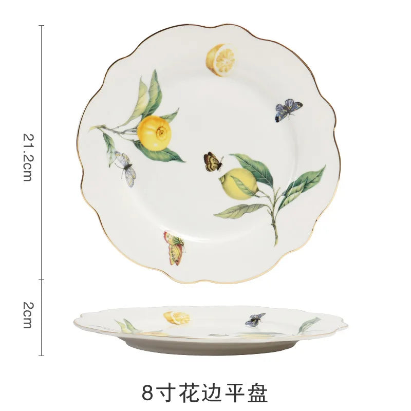 European Lemon Pattern Ceramic Dinner Steak Plate Bowl Fruit Candy Dim Sum Western Cuisine Plate Dishes Home Breakfast Plate Oasis Select 8inch-plate