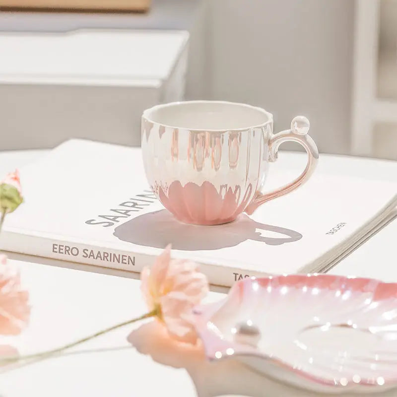 Shell Ceramic Mugs, Women's Coffee Water Cups Household Pearl Cup and Dish Sets High Appearance Level Cups Oasis Select