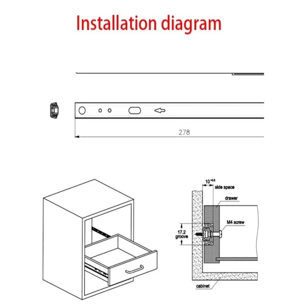 2PCS Full Extension Bearing Drawer Slides 17mm Wide | 8"–17"