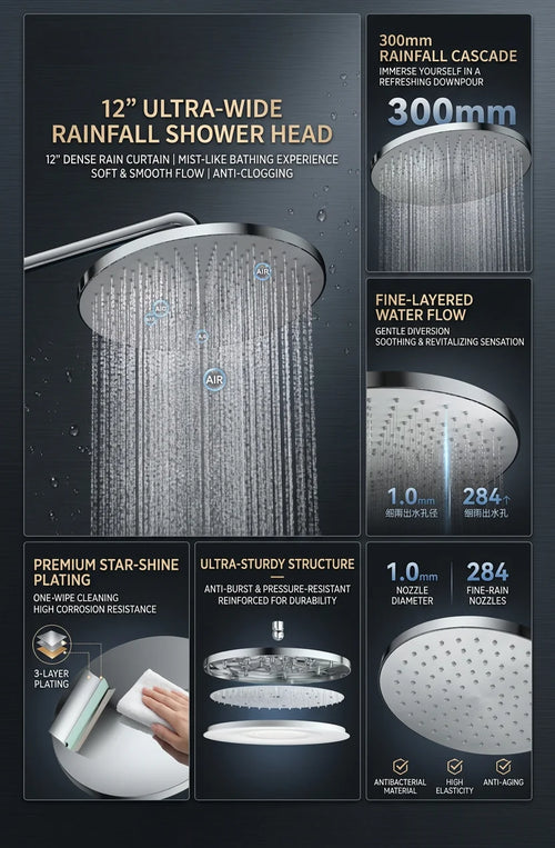 12 Inch Rainfall Shower Head, Large Round High Pressure Top Sprayer, Air Pressurized Water Saving Showerhead for Bathroom SPA Oasis Select