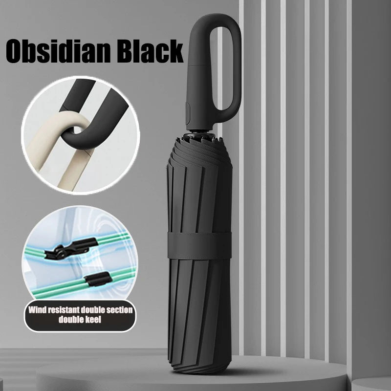 Oversized Reinforced Windproof Rainproof Dual-use UV Resistant Fully Automatic Rotating Ring Buckle Umbrella Fold double keel Oasis Select Obsidian Black 16K