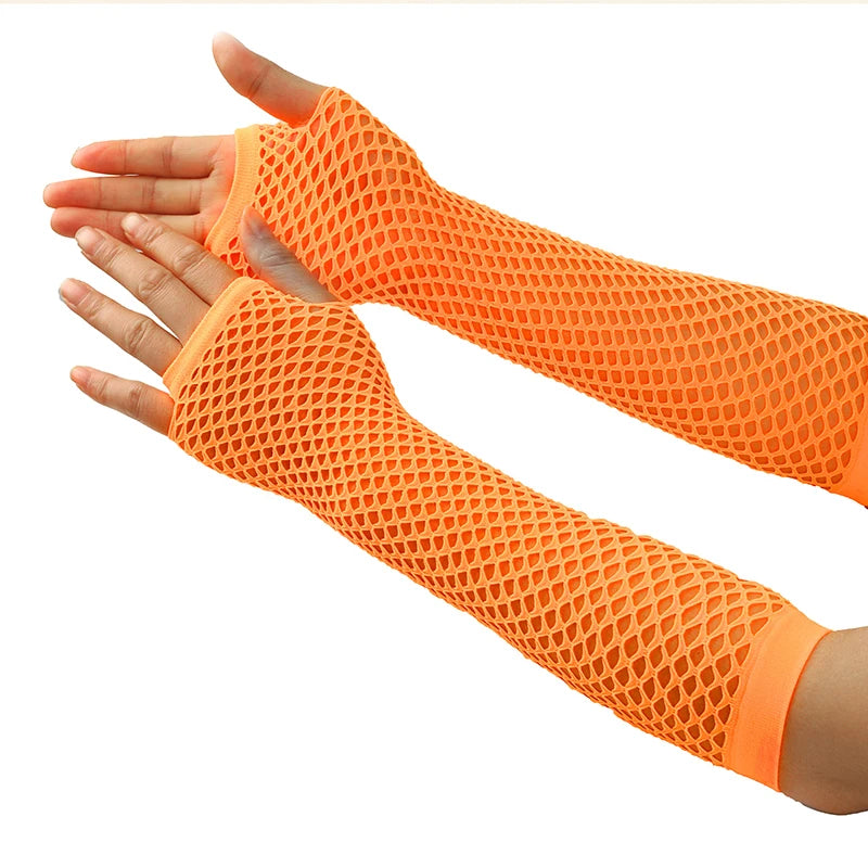 1Pair Women's Long Fingerless Fishnet Mesh Gloves Punk Rock Style Arm Warmers For Night Club Party Fashionable Sexy Gloves Oasis Select Orange