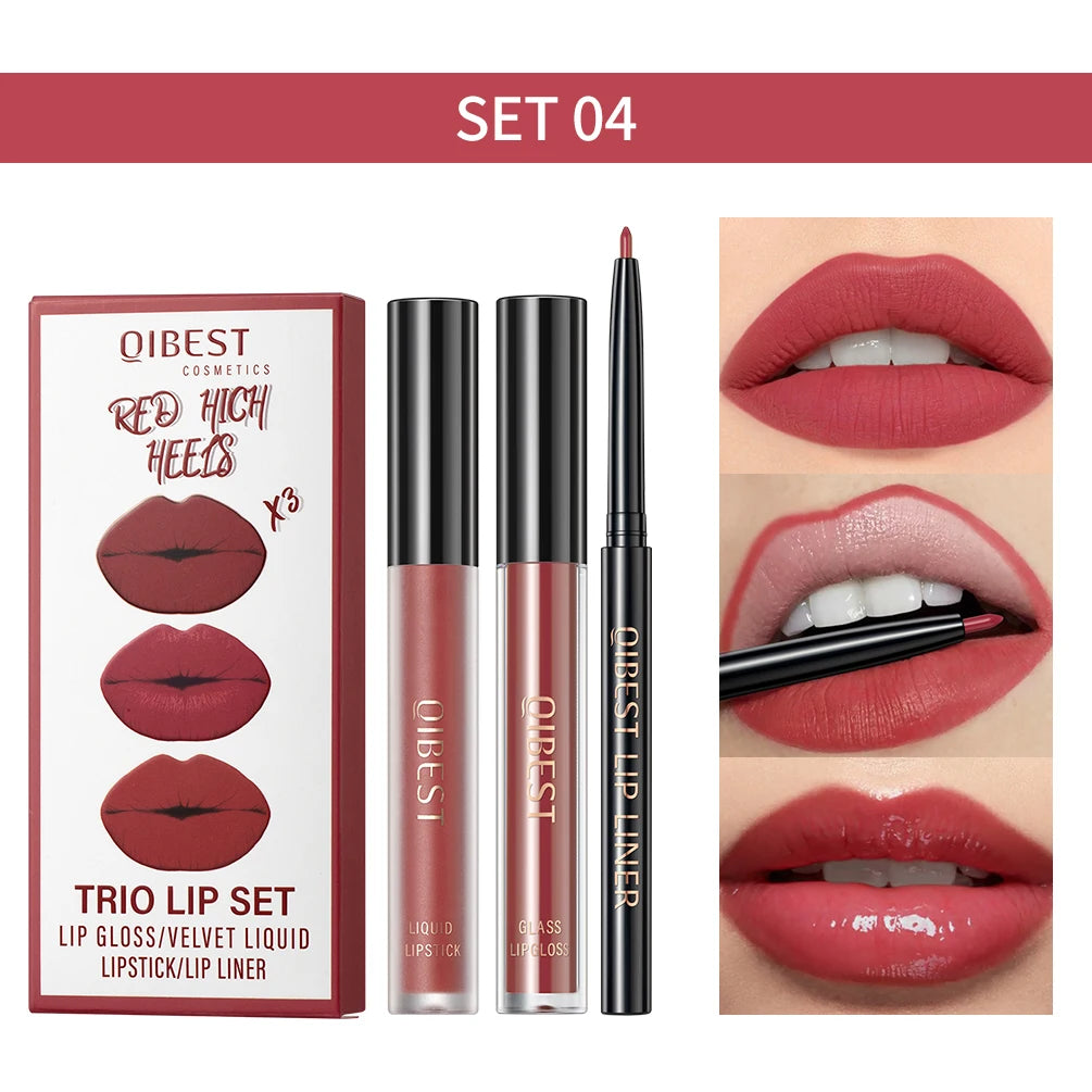 QIBEST 3-in-1 Matte Lipstick, Lip Liner & Gloss Set