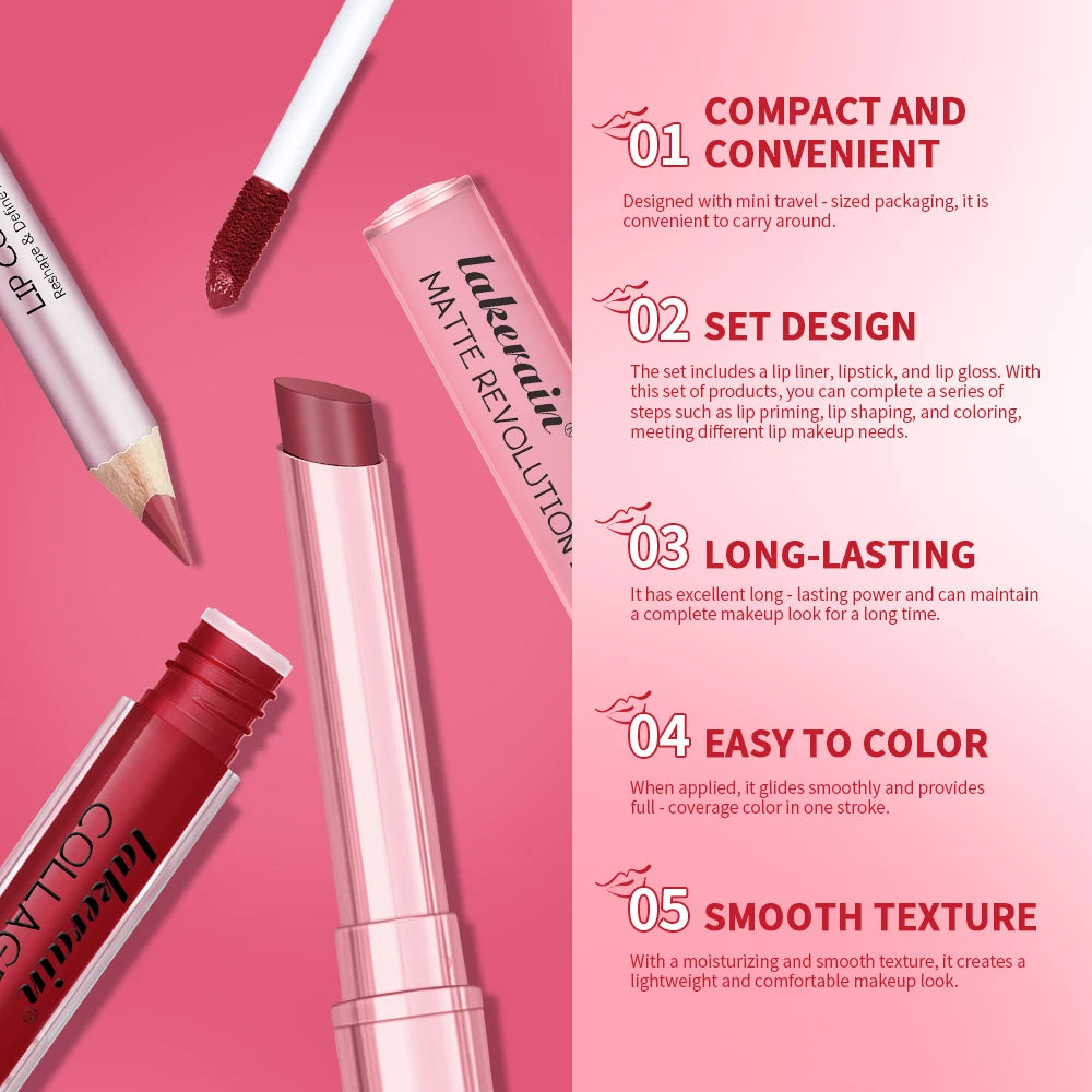 Lip Liner & Lipstick Lipgloss Combo Waterproof Long Lasting Lip Makeup Protable Travel Mini Set High Color Women's Cosmetics Oasis Select