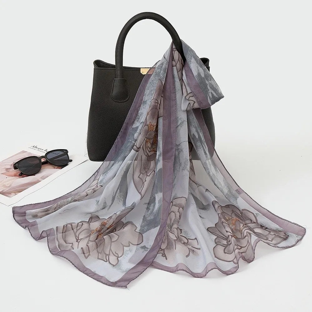 Gifts Chiffon Printed Silk Scarf Floral Lotus Thin Beach Travel Photography Shawl Breathable Long Silk Scarf Oasis Select 6
