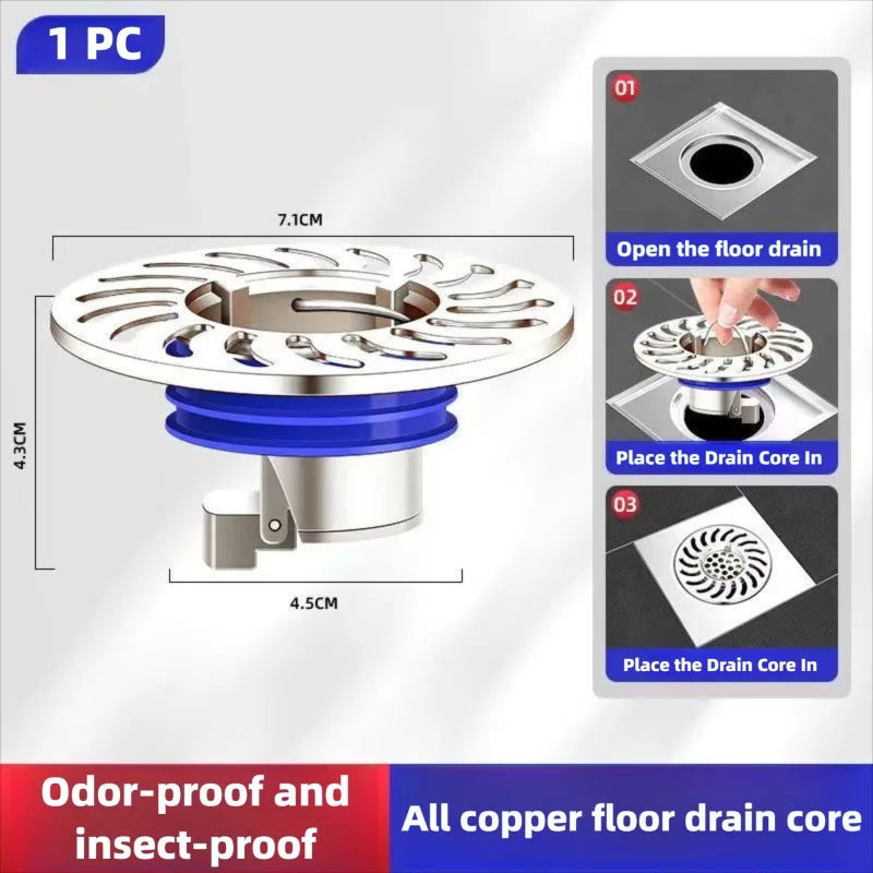 Floor Drain All-copper Shower Floor Drain Stopper Insectproof Anti-odor Deodorization Toilet Kitchen Bathroom Toilet Sewer Drain Oasis Select Silver