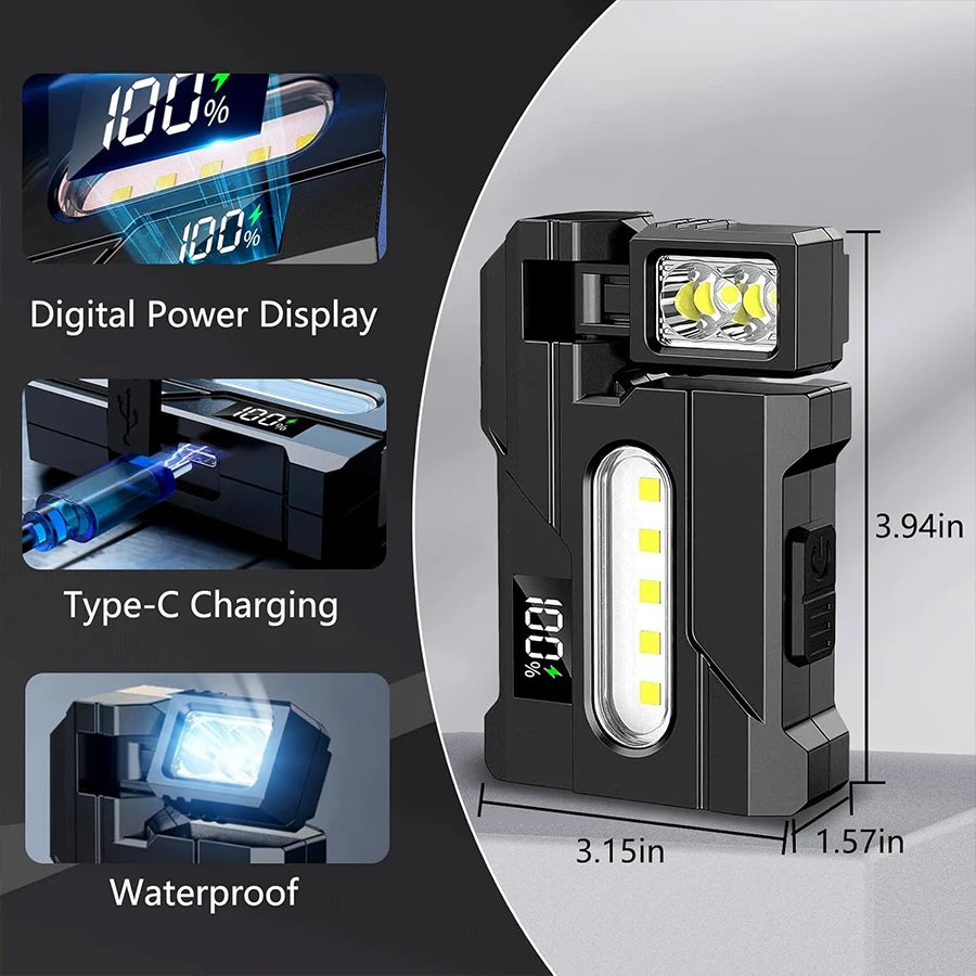 LED EDC Flashlight USB-C Rechargeable Rotating Head Magnetic Torch