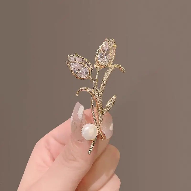 Zircon Tulip Pearl Brooch – Crystal Floral Lapel Pin for Women