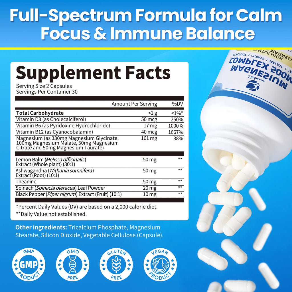 Lukaree Magnesium Complex Supplement 500mg,Malate,Taurate,Citrate Complex High Absorption Chelated Non-GMO for Rest,Energy,Mood Oasis Select