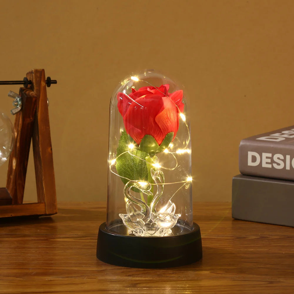 Enchanted Beauty And The Beast Rose Flower with Black Base LED Light In Glass Dome Valentine Christmas Gift Wedding Home Decor Oasis Select Red