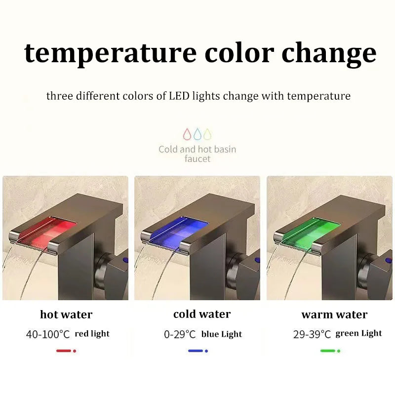 3-Color LED Waterfall Bathroom Faucet | Hot & Cold Brass Tap