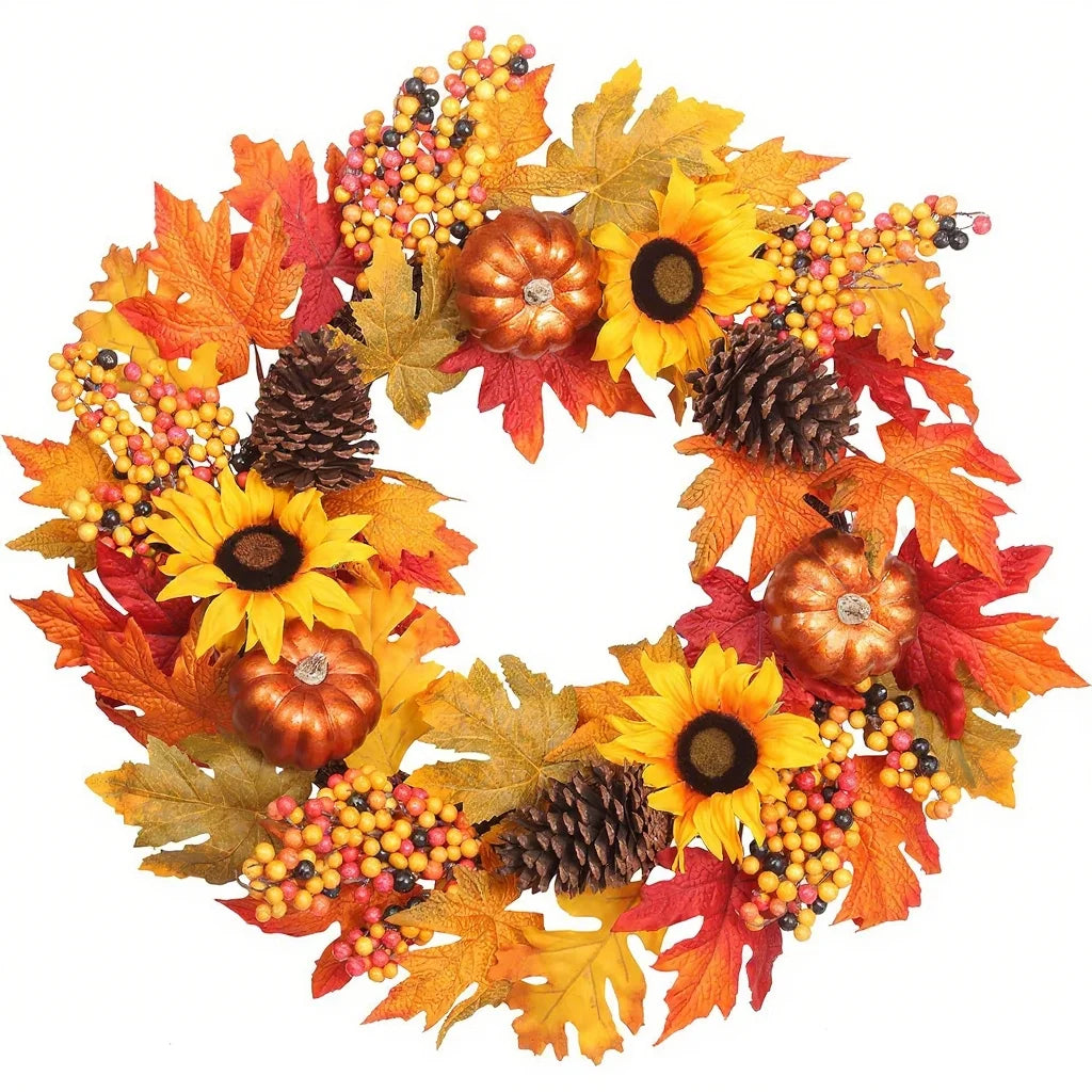 Autumn Door Wreath Christmas Halloween Decoration Pumpkin Berry Pine Cone Maple Artificial Cloth Rattan Material Home decoration Oasis Select G