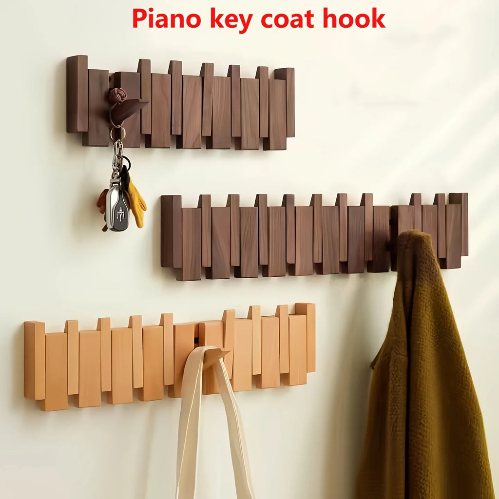 A Wooden Coat Rack with 4/6 Hooks, Featuring a Wall-mounted Piano Key Design and Foldable Hooks,Multifunctional Household Hook Oasis Select