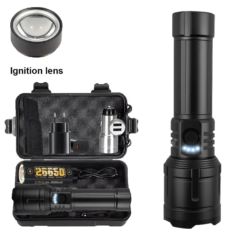 5000MAH Ultra Bright LED Flashlight with Flame Ignition Type-C Rechargeable Tactical Torch Outdoor Camping Adventure Lantern Oasis Select Black-set
