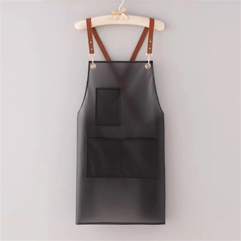 New Apron Waterproof And Oil-proof Strap Fashionable Korean-style Overalls Household Kitchen Cooking Women's TPU Work Clothes Oasis Select Black 1