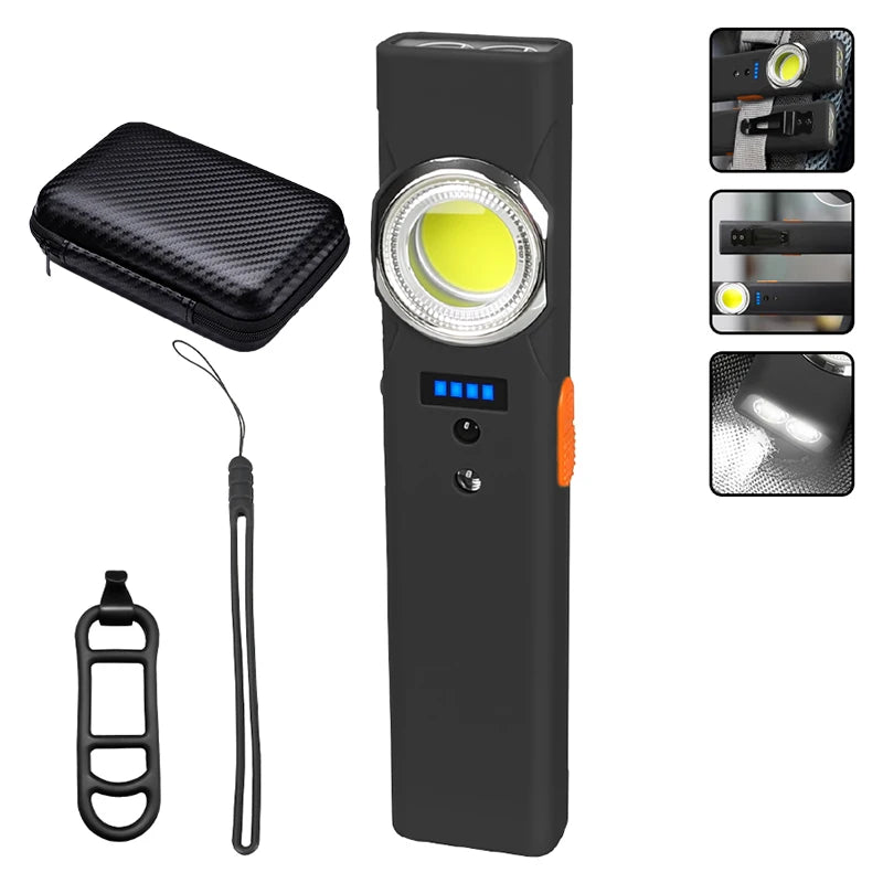 MINI USB Rechargeable LED Flashlight Portable Tail Magnet Flashlight Super Bright Camping Lantern Side COB Emergency Light Oasis Select MC001 Black with bag