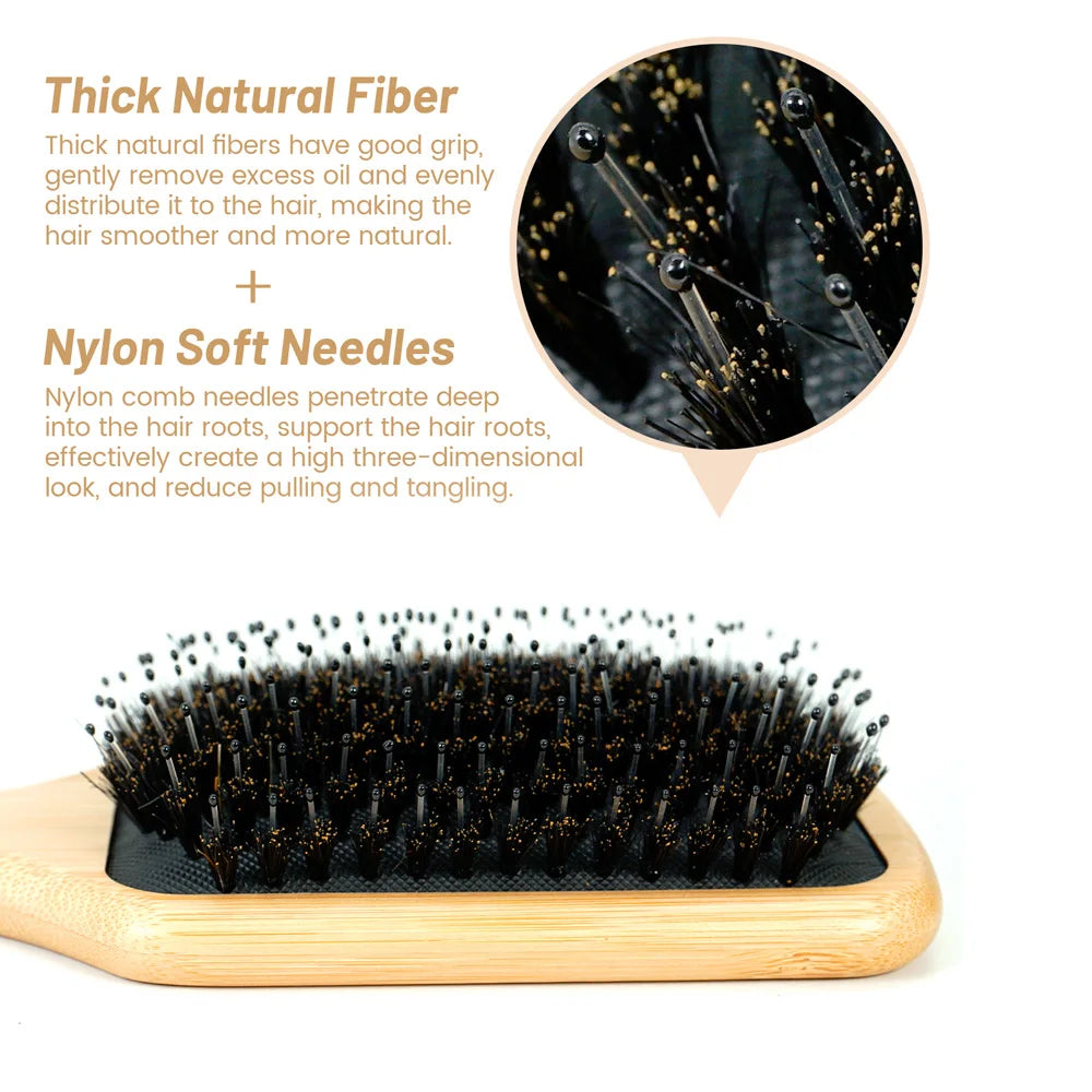 2-in-1 100% Natural Wooden Hair Brush & Rat Tail Comb Set - Professional Bristle Brush for Detangling, Scalp Massage & Hair Care Oasis Select