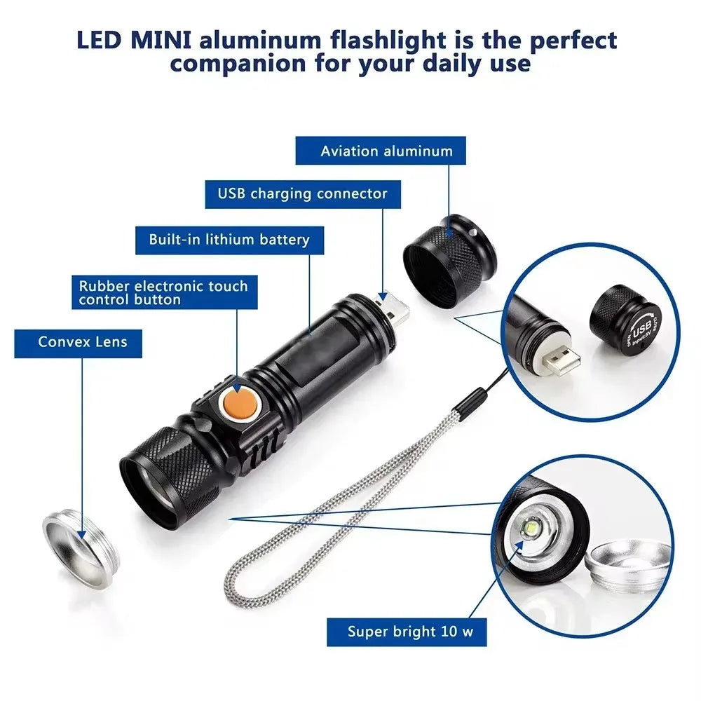 Powerful LED Flashlight With Tail USB Charging Head Zoomable waterproof Torch Portable light 3 Lighting modes Built-in battery Oasis Select