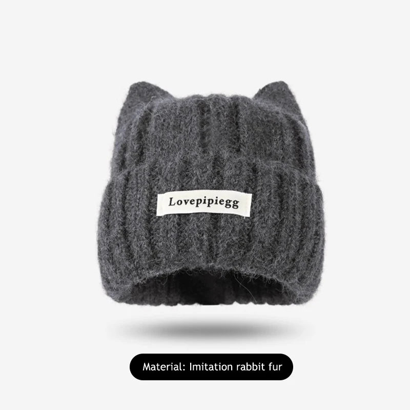 Cat Ear Knitted Beanie – Korean Style Winter Hat for Women