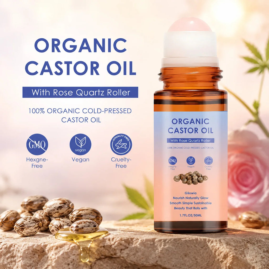 Organic Castor Oil Rose Quartz Roller Ball, 100% Pure Cold-Pressed Hexane-Free, for Body, Eyebrows & Skin Massage Care Oil Oasis Select