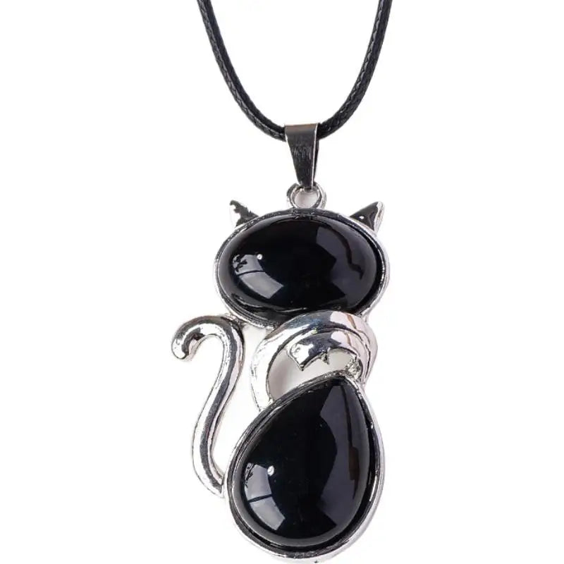 Natural Stone Cat Pendant – Amethyst, Tiger Eye & Crystal