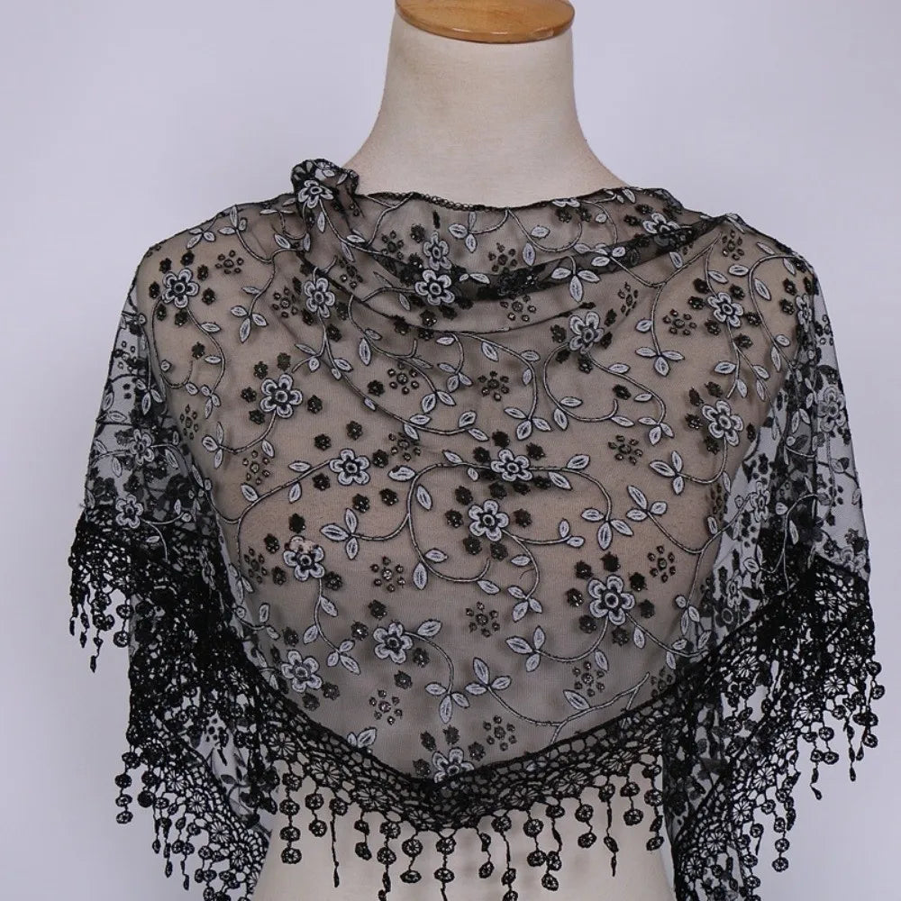 Gifts Triangle Lace Veil Headscarf Floral Breathable Women's Small Floral Scarf Lace Triangle Veil Sequined Gauze Scarf Oasis Select Black