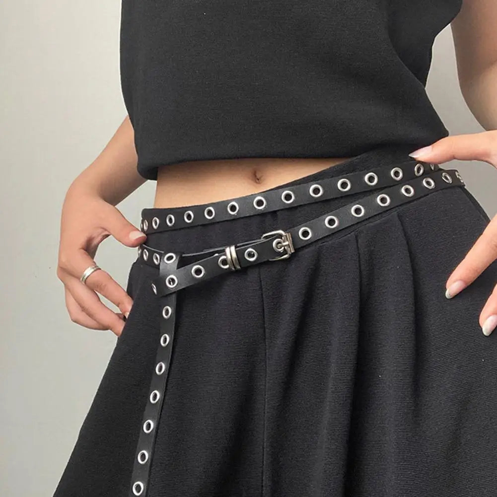 Punk Double Ring Thin Belt – PU Leather Women's Waistband