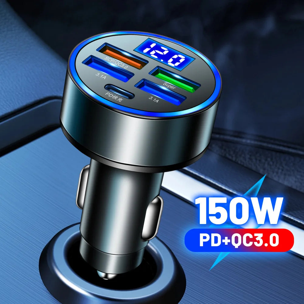 PD QC30 Car Charger 5 Ports Fast Charge USB C 250W LED Phone Charger Type C Adapter for Iphone Samsung Huawei Xiaomi Oasis Select