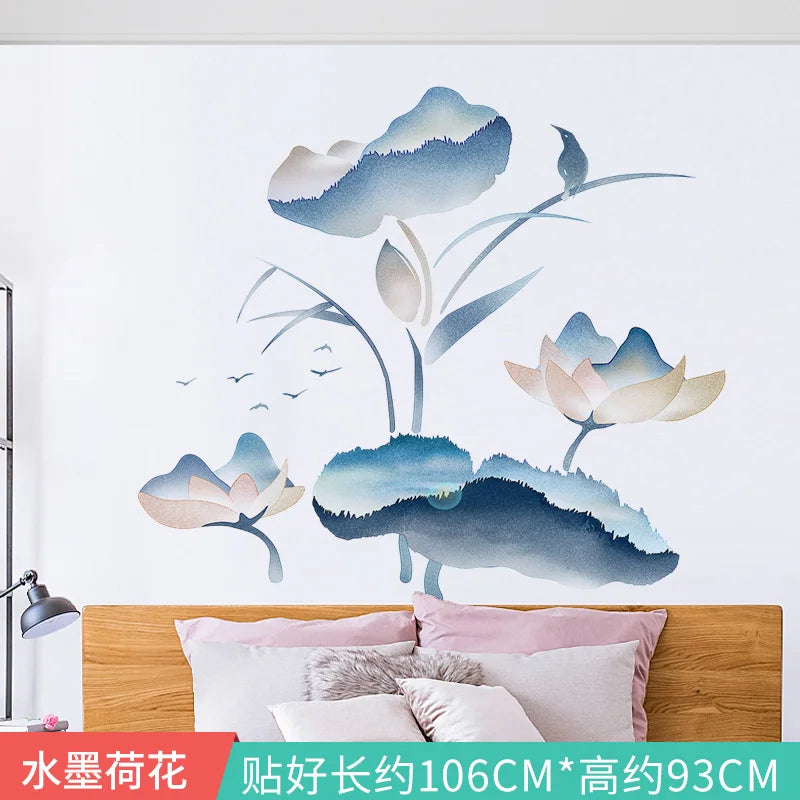 Ink Smudge Light Blue Mountain Background Wall Decoration Stickers Bedroom Bedside Chinese Artistic Conception Wall Stickers Oasis Select 13