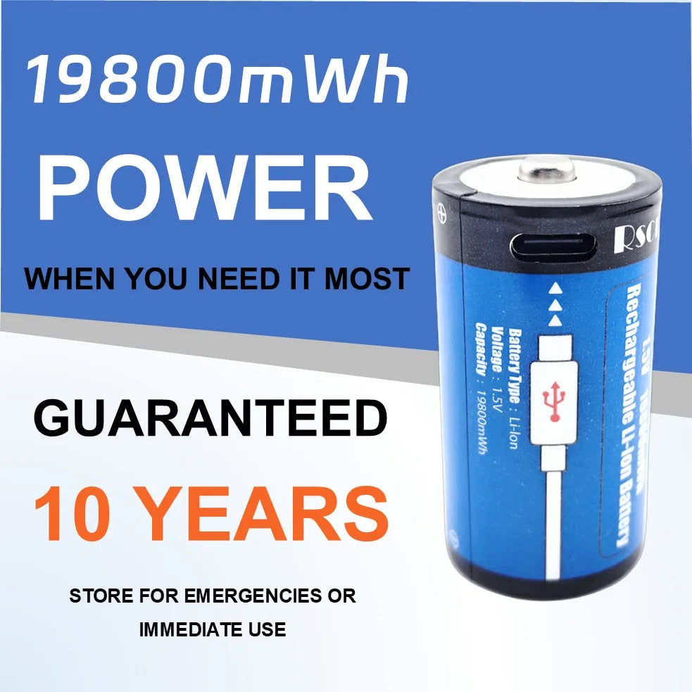 USB-C Rechargeable C Batteries, 19800mWh 1.5V C Batteries, Fast Charging 2 Hours, Replace LR14 Battery for Speakers & Doorbells Oasis Select