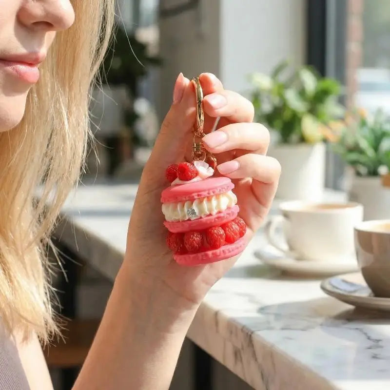 Fruit Macaron Cake Keychain Realistic Dessert Pendant Cute Fun Bag Accessories for Girls Key Ring Holder School Bag Charm Oasis Select