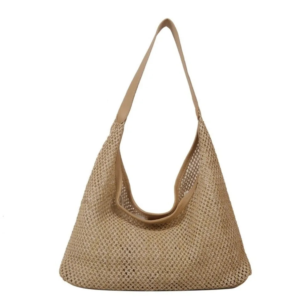 Fashion Solid Color Weave Straw Bag Bohemian Style Large Capacity Beach Handbag Bucket Bag Handmade Shoulder Bag Summer Oasis Select Khaki