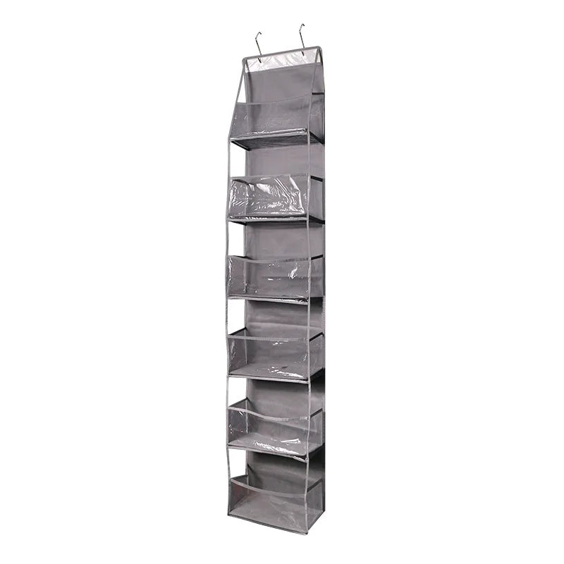 A Door-Mounted Yarn Storage Organizer Designed for Knitting And Crochet, Featuring 6 Transparent Plastic Bags And 2 Large Hooks Oasis Select grey
